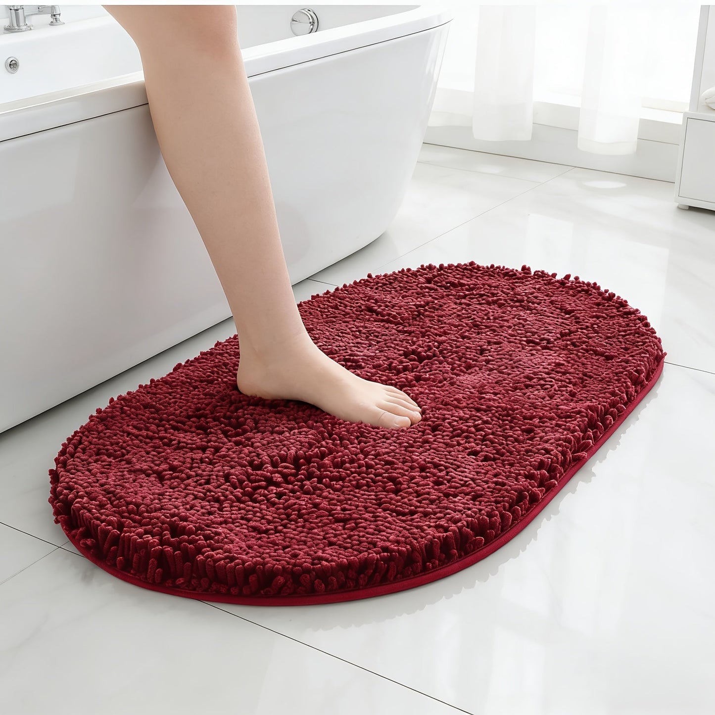 Oval Chenille-Style Bath Mat with Five Color Designs and 40 × 60 to 63 × 95 cm Size Options