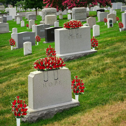Artificial Flowers Silky Red Rose Memorial Set with Top Saddle, Side Vases or Three-Piece Option