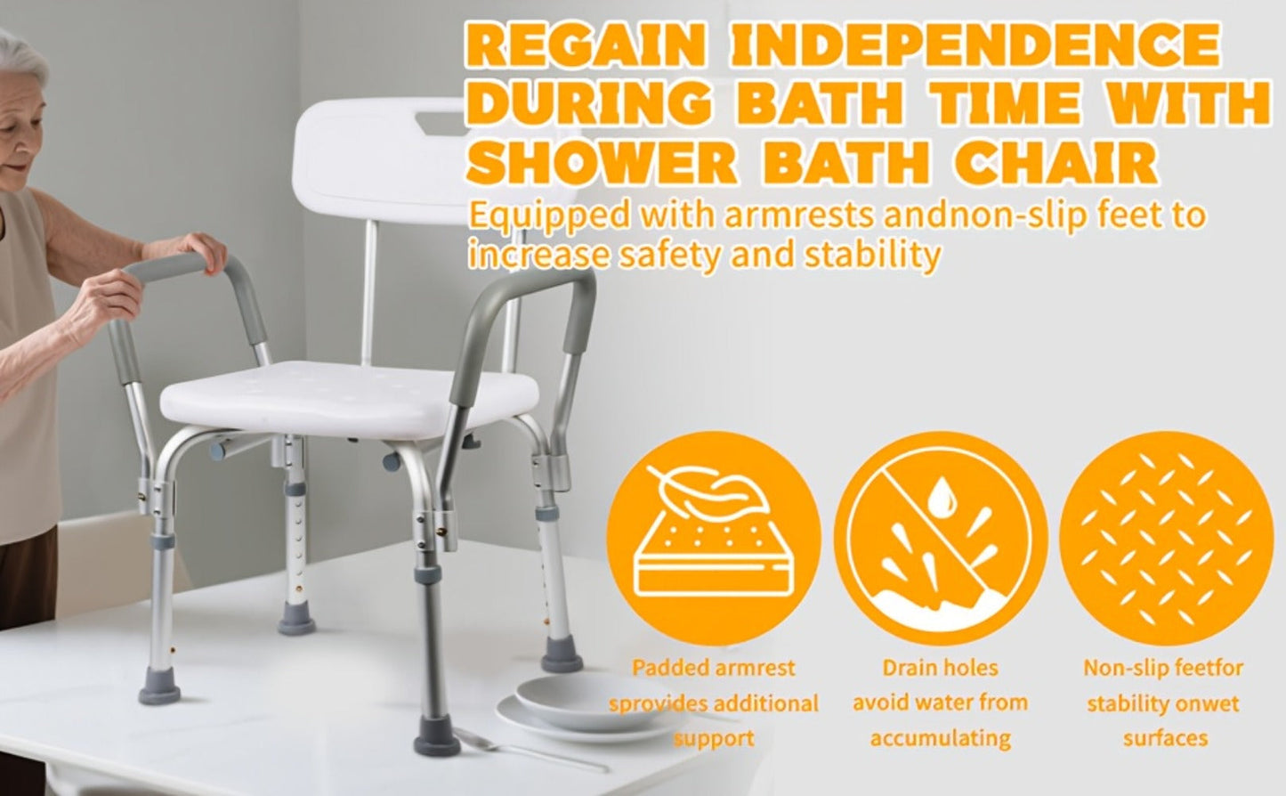 Shower Chair with Armrests & Backrest, Height Adjustable Aluminum Bath Seat, Rubber Feet, Cushioned Support for Elderly