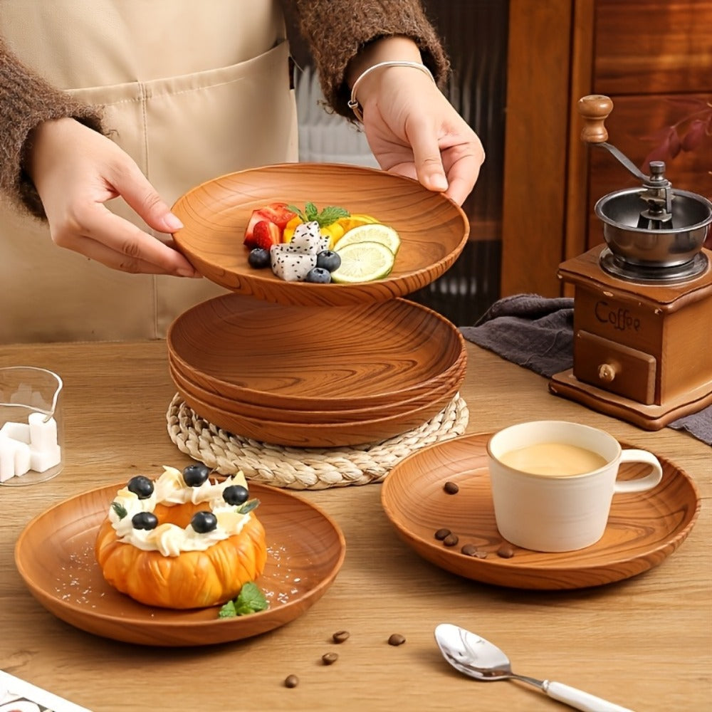 Wood Grain Plastic Dinner Plates Set of 10 – 7.8 Inch Salad Serving Plates for Kitchen Dining Table