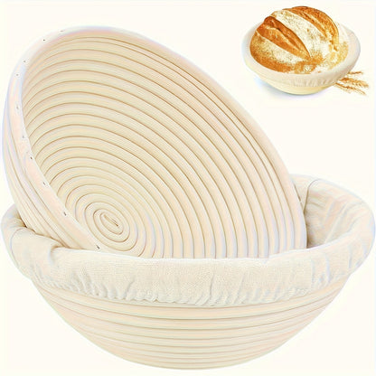 Bread Proofing Basket Set 2pcs 9 Inch Round Handmade Rattan with Liners Banneton Proofing for Entryways, Bedrooms and Living Spaces