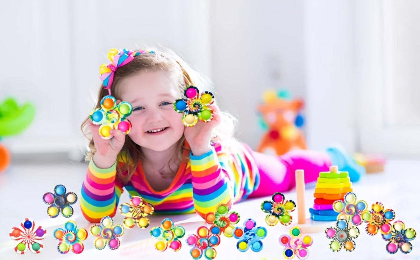Thirty-Two-Piece Bubble Pop Fidget Spinner Assortment with Colorful Mixed Flower and Round Shapes