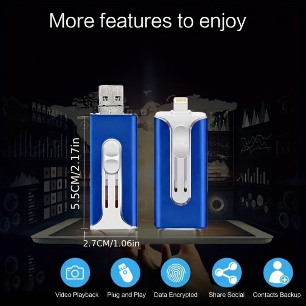 OTG USB 3.0 Flash Drive 4-in-1 for iPhone iPad Android Mac PC – Lightning Type-C Micro USB Connector Thumb Drive 64GB 128GB 256GB Memory