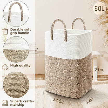 Woven Cotton Rope Laundry Basket with Twin Handles, 40L to 100L Sizes and Five Two-Tone Color Options