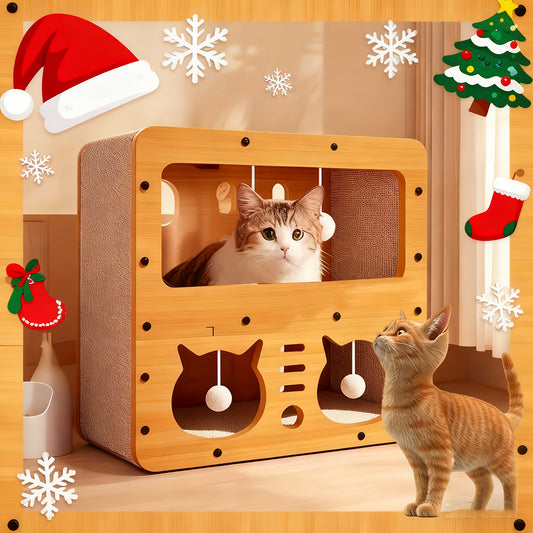 Large Cat House with Scratcher Pad & Plush Ball Toys, Ventilated Multi-Functional Indoor Outdoor Cat Shelter