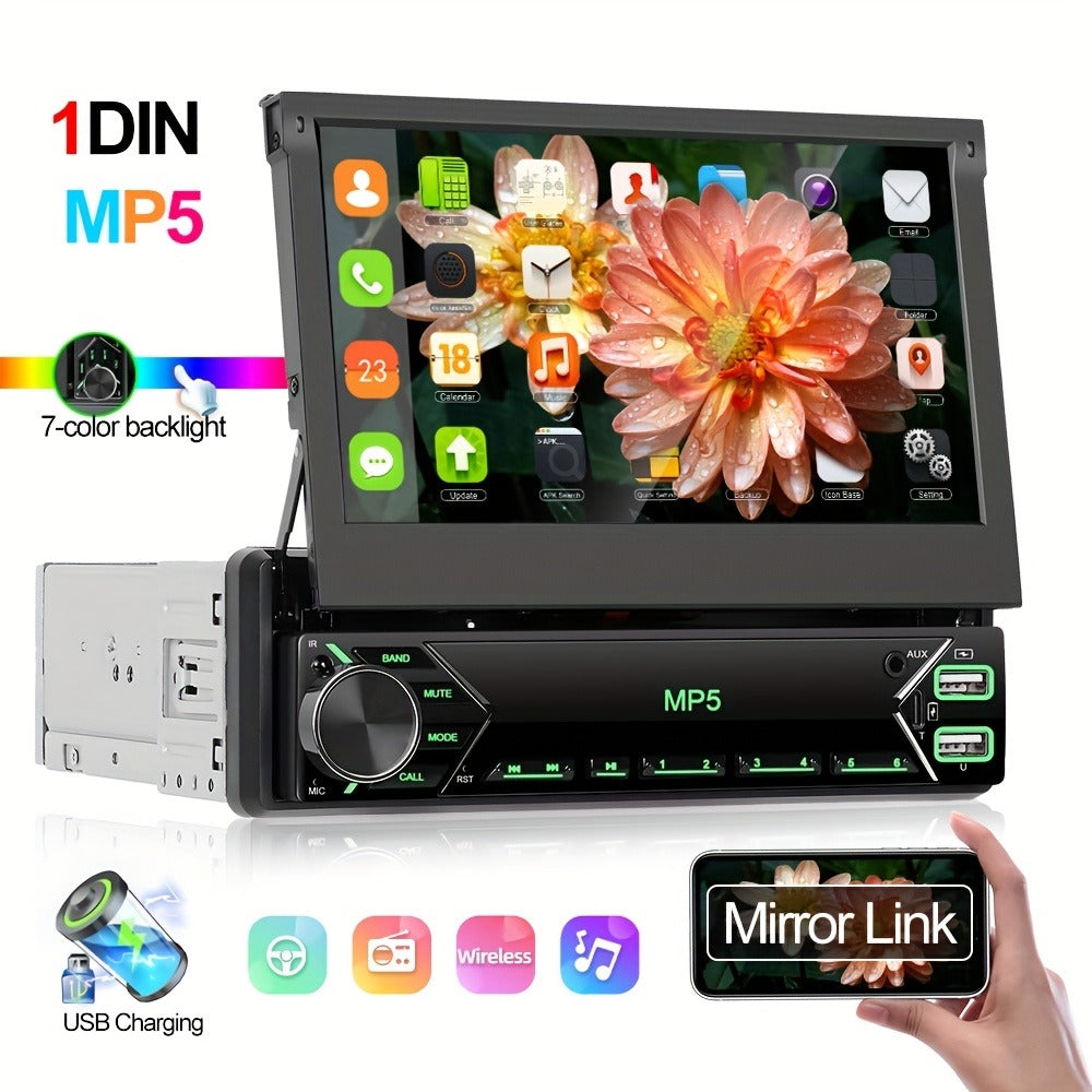 Single DIN Car Stereo – 7" HD Retractable Touchscreen, MP5 Player, Mirror Link, Bluetooth Hands-Free, FM Radio, USB & AUX