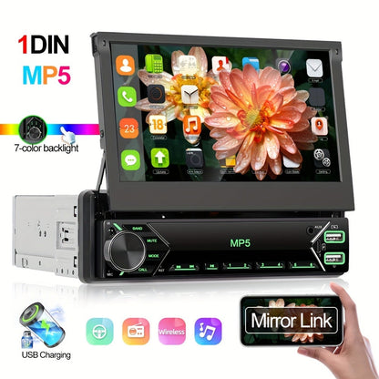 Single DIN Car Stereo – 7" HD Retractable Touchscreen, MP5 Player, Mirror Link, Bluetooth Hands-Free, FM Radio, USB & AUX