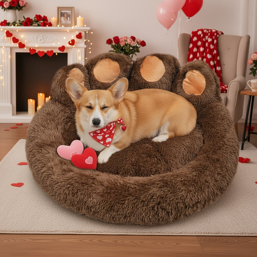Dog Bed Cat Bed Bear Paw Shaped Donut – Calming Round Plush Pet Mattress, Warm & Soft Cuddler Bed for Dogs and Cats, Includes Pet Scarf