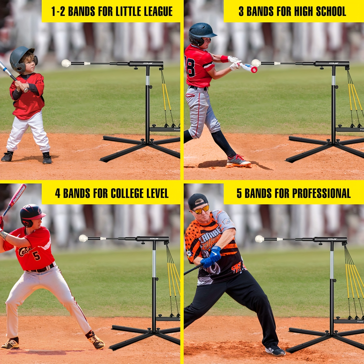 Baseball Swing Trainer with 5 Power Bands & Auto Reset System – Height Adjustable 31–47 Inch Portable Batting Trainer with Sturdy Base