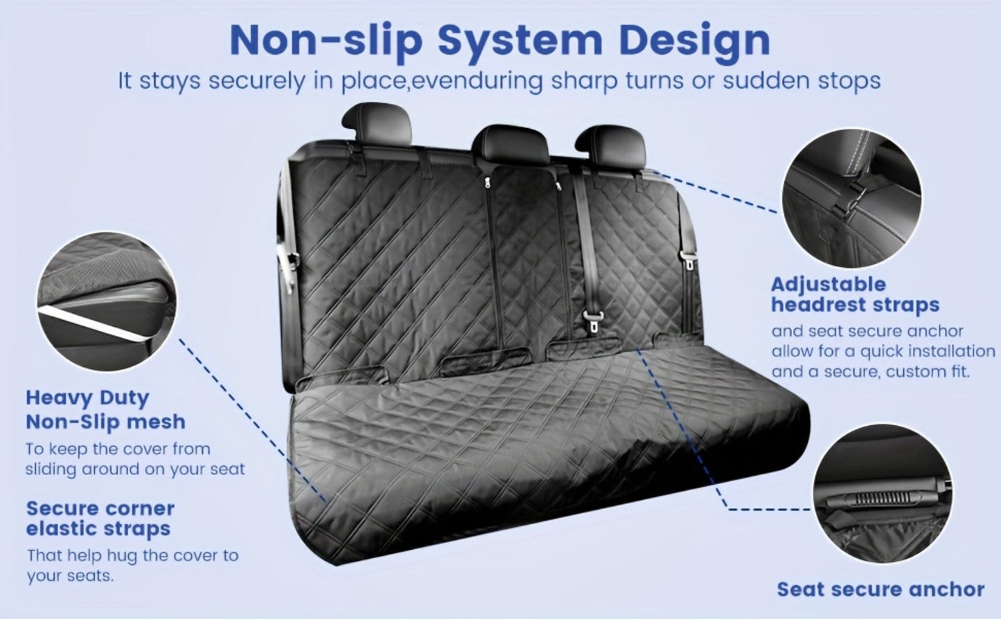Black Quilted Rear Bench Car Seat Cover with Side Flaps and M, L or XL Three-Seat Vehicle Size Labels