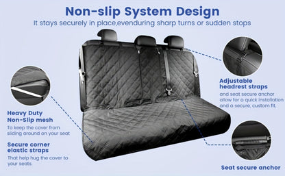 Black Quilted Rear Bench Car Seat Cover with Side Flaps and M, L or XL Three-Seat Vehicle Size Labels