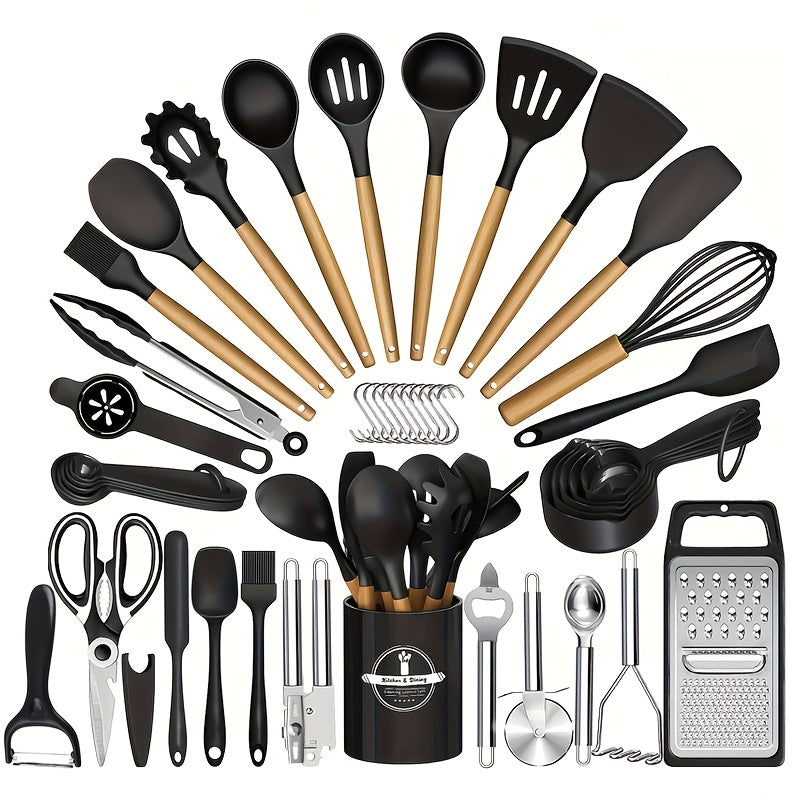 Silicone Kitchen Utensils Set 45pcs, Cooking Utensils for Nonstick Cookware, Stainless Steel Handle Spatulas