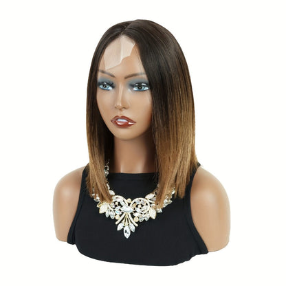 Synthetic Wig 13x2 U-Part Lace Front Straight Bob, 12-Inch Ombre Black-Brown for Daily Styling