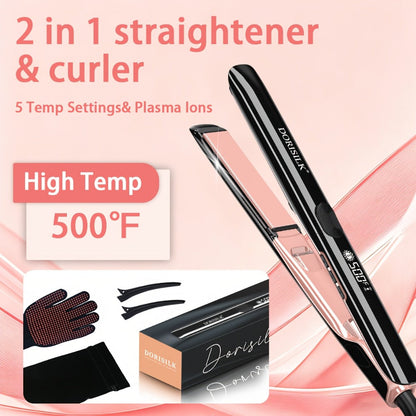 Ceramic Ionic Flat Iron Hair Straightener & Curler 2-in-1 Plasma Anti-Static 260°C 500°F LCD, for Home, Travel and Salon Hair Styling