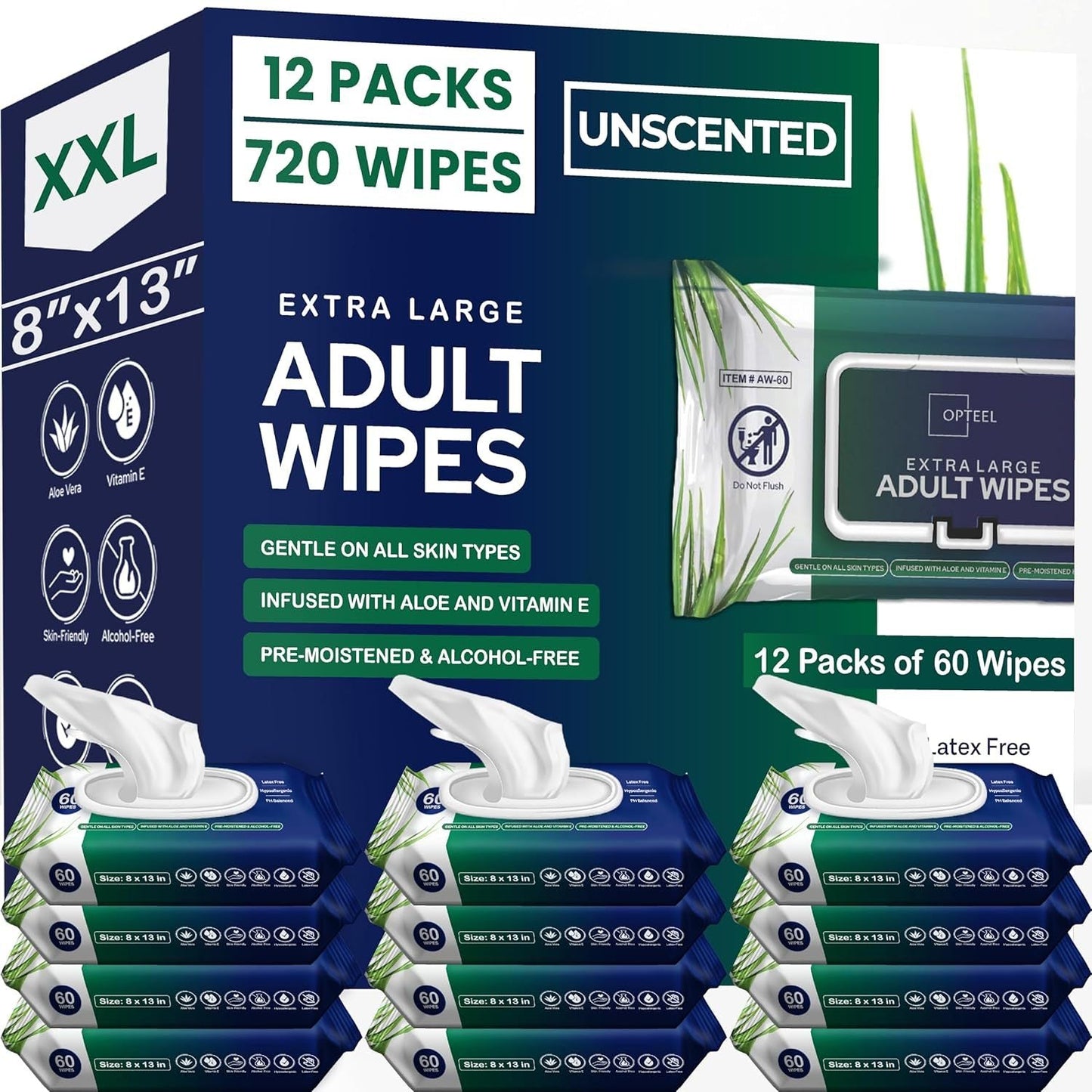 Extra Large Adult Wet Wipes 720ct Unscented 8x13 Inch – 12 Packs of 60 Soft Thick Disposable Bathing Wipes with Aloe & Vitamin E for Seniors