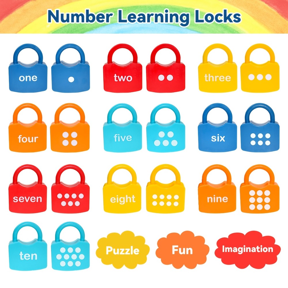 Preschool Math Lock and Key Counting Toy 10 Sets – Number Recognition Manipulative for Kids Ages 3-5, Color-Coded Kindergarten Math