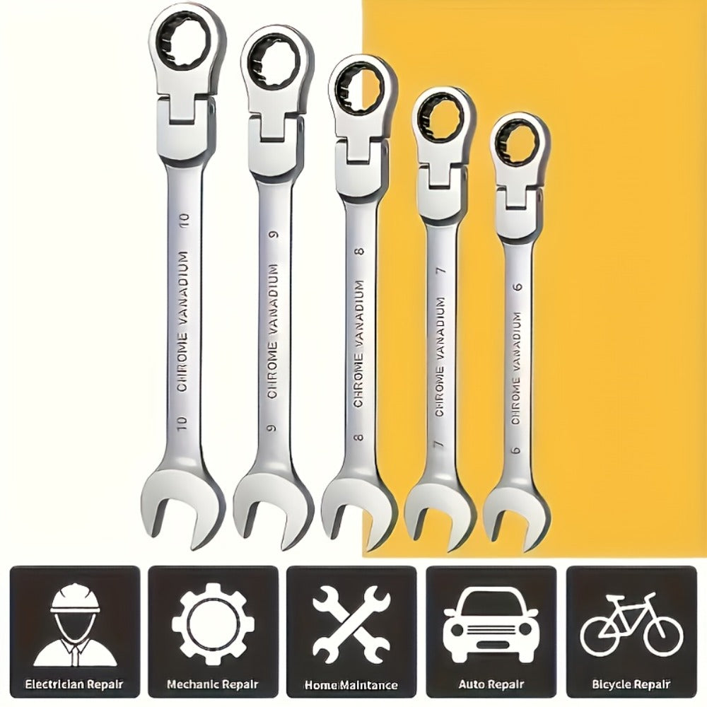 CR-V Flex Head Ratchet Wrench Set 5-Piece – 2-in-1 Reversible Open End & Hex Socket Dual-Purpose Kit | Automotive Engine Bay, Plumbing
