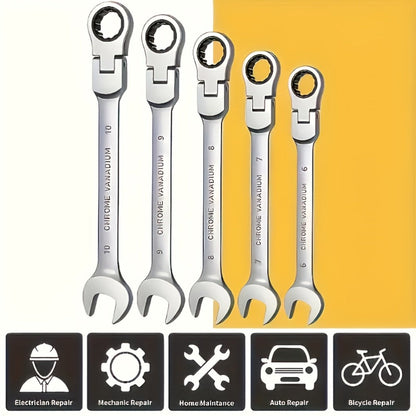 CR-V Flex Head Ratchet Wrench Set 5-Piece – 2-in-1 Reversible Open End & Hex Socket Dual-Purpose Kit | Automotive Engine Bay, Plumbing