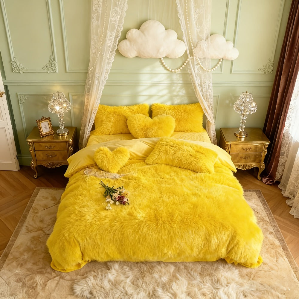 Velvet Duvet Cover Set Fluffy Plush Bedding Minimalist Solid Color, Carved Velvet Quilt Cover with Pillow Shams