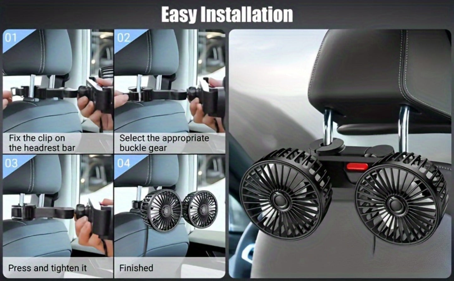 Car Fan for Back Seat – Dual Head USB Cooling Fan, Foldable 360° Rotation, Ultra-Quiet Motor, 70-Inch Cord, for Vehicle, Home & Office Use