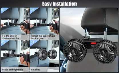 Car Fan for Back Seat – Dual Head USB Cooling Fan, Foldable 360° Rotation, Ultra-Quiet Motor, 70-Inch Cord, for Vehicle, Home & Office Use