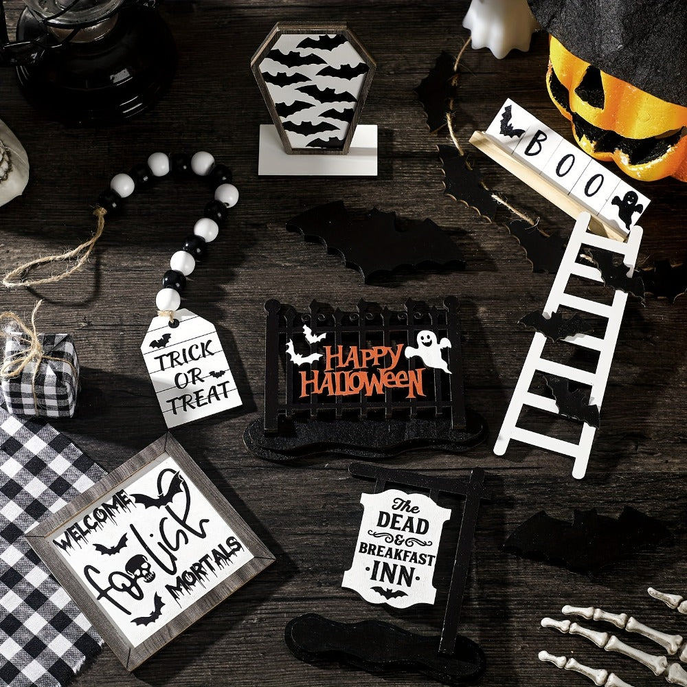Halloween Tiered Tray Decor Set 14pcs – Bat Wooden Signs Farmhouse Black White Rustic Table Decorations for Kitchen Home Party Supplies