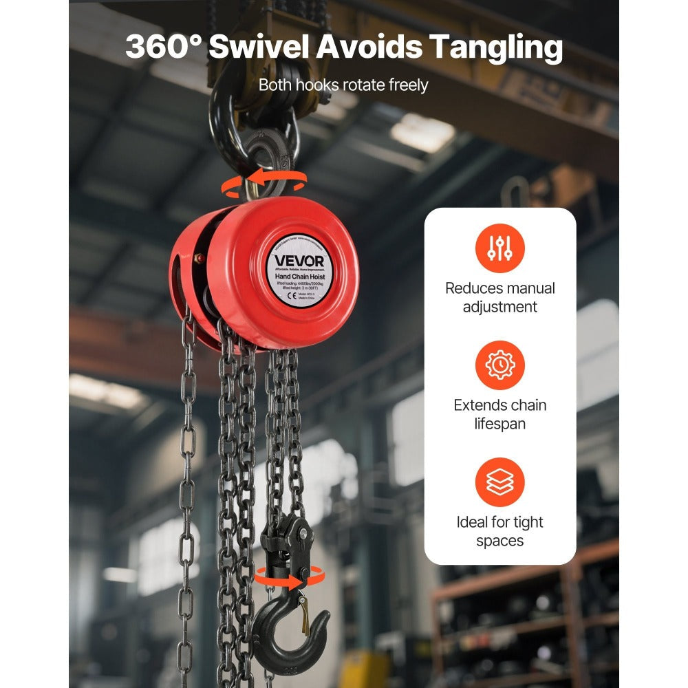 Hand Chain Hoist / Manual Chain Block with G70 Chain, 8 ft / 10 ft / 20 ft Lift Height, 360° Rotating Hooks