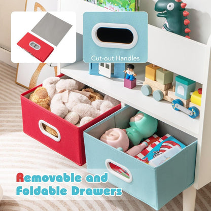 Kids Bookshelf 3-Tier with 2 Fabric Bins Open Compartments Anti-Tip Safety Design Sturdy MDF for Entryways, Bedrooms and Living Spaces