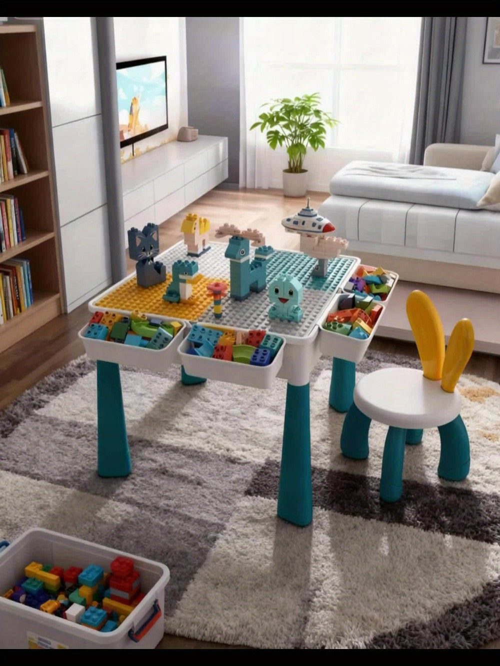 Kids Activity Table Building Blocks LEGO Compatible Play Table for Toddlers, Durable ABS Plastic Space-Saving Corner Design