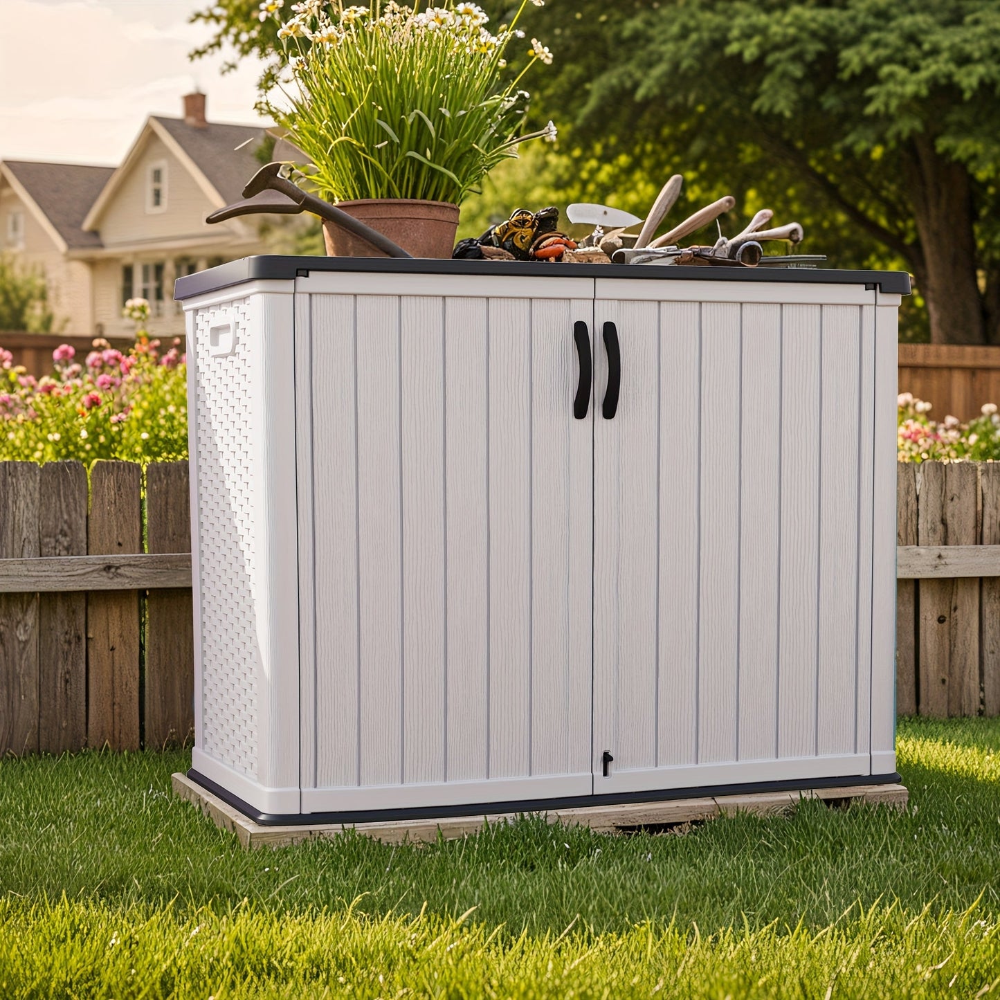 Resin Deck Box Lockable Outdoor Storage, for Garden, Patio and Yard Use, with the Listed Configuration