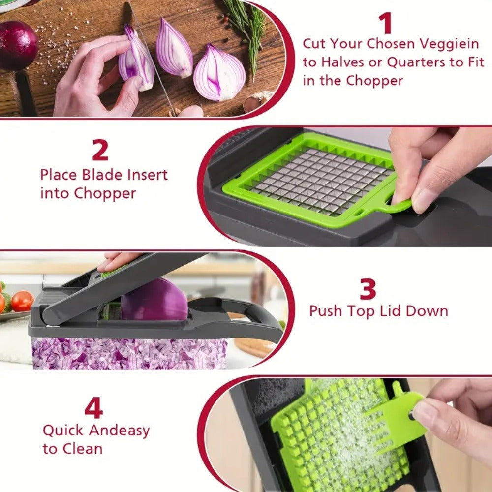 16-in-1 Vegetable Chopper with Clear Container, Eight Blade Inserts, Cleaning Button and Green Accessory Set