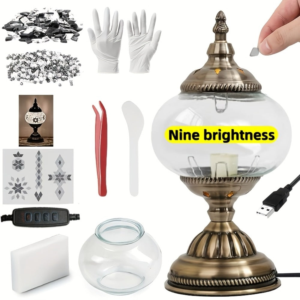 DIY Turkish Moroccan Mosaic Lamp Kit Handmade Glass Metal Brass Dimmable Bohemian Table Light for Entryways, Bedrooms and Living Spaces