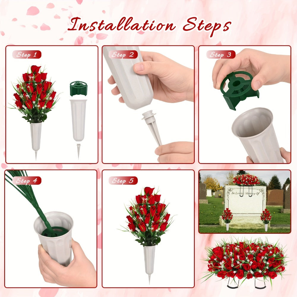 Artificial Flowers Silky Red Rose Memorial Set with Top Saddle, Side Vases or Three-Piece Option