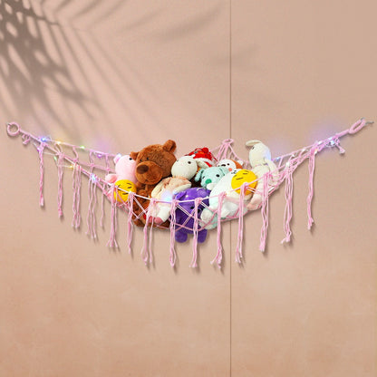 Stuffed Animal Storage Hammock with Lights Corner Hanging Toy Net Organizer for Nursery for Entryways, Bedrooms and Living Spaces
