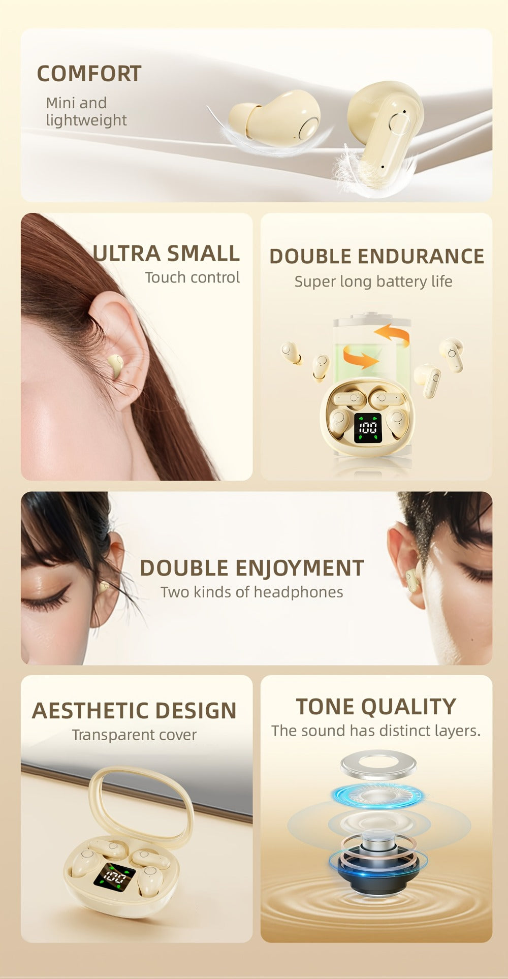 Four-Earbud Wireless Set with Two In-Ear Styles, Digital Charging Case and Three Color Options