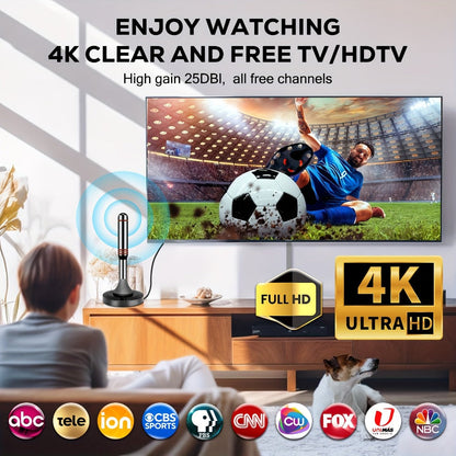 Amplified Indoor HDTV Antenna with Signal Booster & Removable Amplifier – 4K 1080p 360° Reception, Free Local Channels ABC CBS NBC FOX