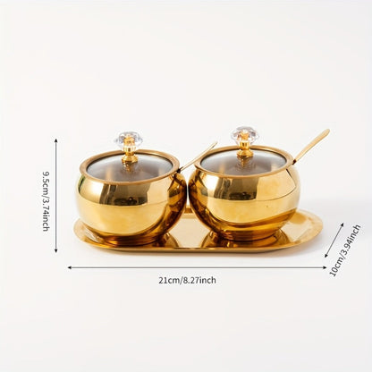 Golden Stainless Steel Seasoning Jar Set 2 or 3pcs Spice Containers with Lid and Spoon for Home Cooking, Dining and Outdoor Meals