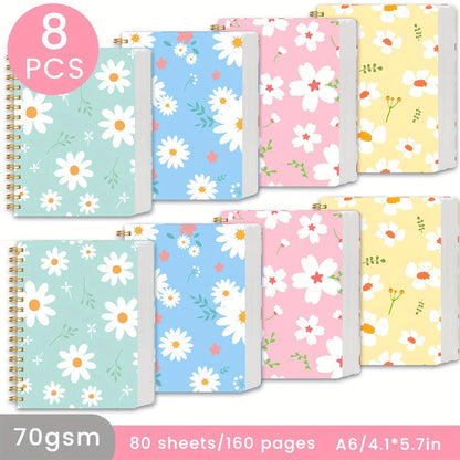 A6 Spiral Notebooks 8 Pack – Floral Design College Ruled Journals with Tear-Off Pages | Portable Memo Pads for Students & Office | Gift Set