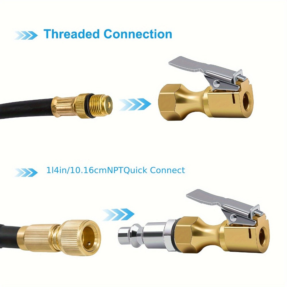 Air Chuck Lock-On Tire Inflator 3-Piece Set – Closed Flow Clip-On, 250 PSI, Schrader Valve Compatible, Heavy-Duty Copper for Car