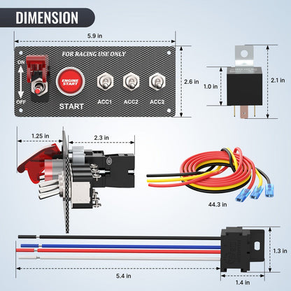 5-in-1 Ignition Switch Panel 12V 30A – Push Start Button Racing Toggle Switch Kit, Aluminum Carbon Fiber Panel for Car Truck Boat RV Race