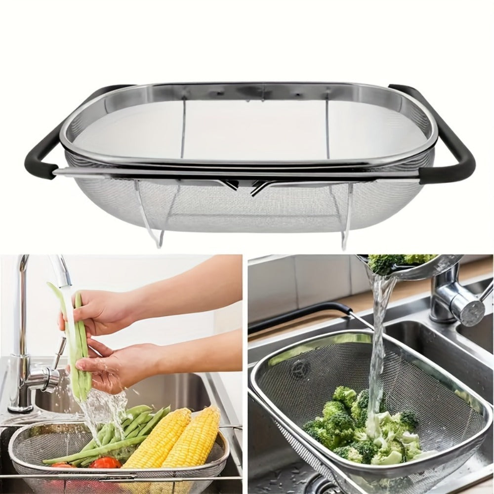 Stainless Steel Colander Expandable Fine Mesh Drain Basket Strainer for Vegetables Fruits for Home Cooking, Dining and Outdoor Meals