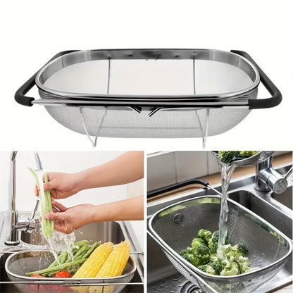 Stainless Steel Colander Expandable Fine Mesh Drain Basket Strainer for Vegetables Fruits for Home Cooking, Dining and Outdoor Meals