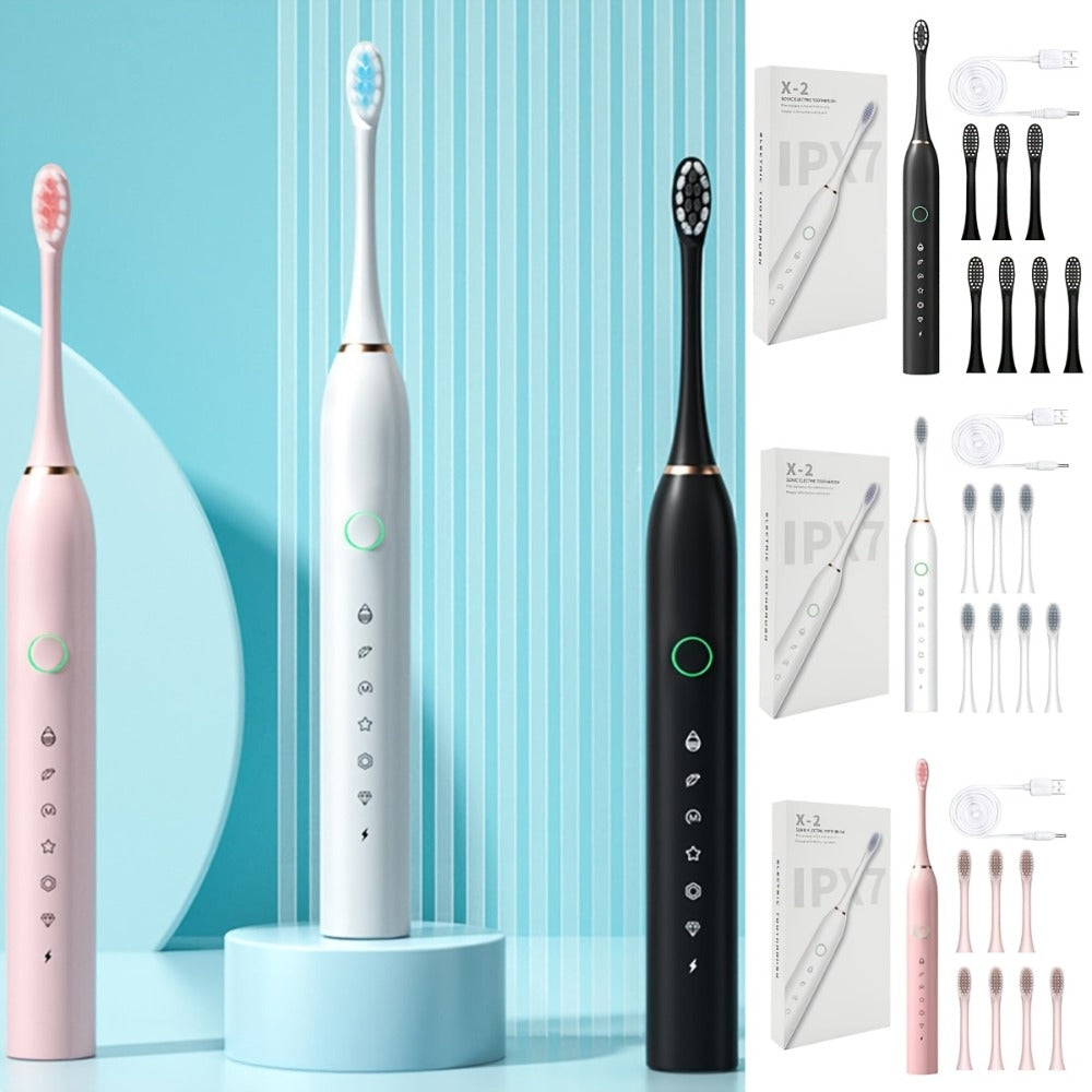 Rechargeable Electric Toothbrush 6 Cleaning Modes with 8 Brush Heads – USB Charge, Soft Bristles, Portable for Travel & Home Use