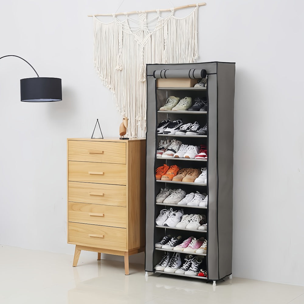 Shoe Rack with Dust Cover, 6/8/10 Tier High- Space Saving Shoe Organizer, Easy Assembly, 12mm Pipe