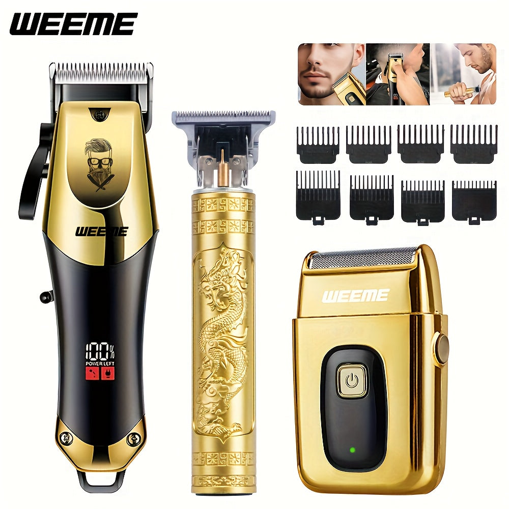 T-Blade Hair Clipper Set for Men – Golden Series USB Rechargeable Trimmer Kit with Guide Combs & Cleaning Brush, 1pc 2pcs 3pcs Options