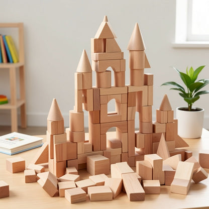 Natural Beech Wood Blocks 100 Piece Unpainted Solid Wooden Building Set, STEM Logical Thinking Toy for Kids Ages 3-12