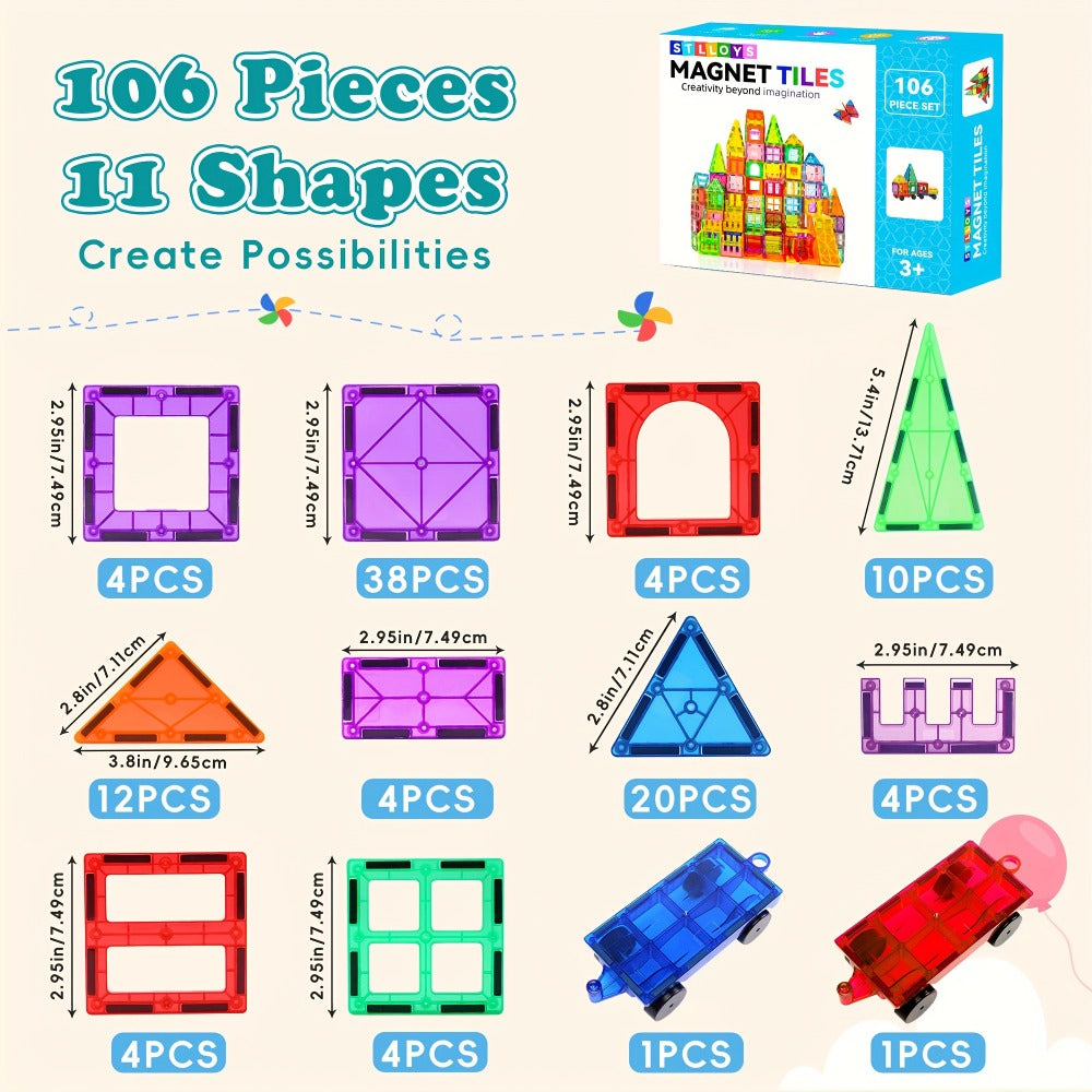 Magnetic Tiles Building Set for Kids 3 4 5 6 7 8 – 80 106 136 205pcs Clear 3D Magnet Building Blocks STEM Educational Toy Child-Safe ABS