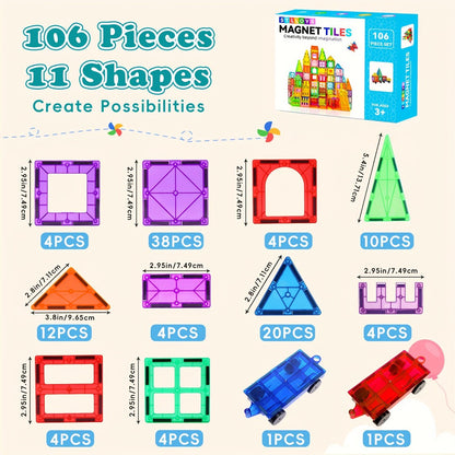 Magnetic Tiles Building Set for Kids 3 4 5 6 7 8 – 80 106 136 205pcs Clear 3D Magnet Building Blocks STEM Educational Toy Child-Safe ABS