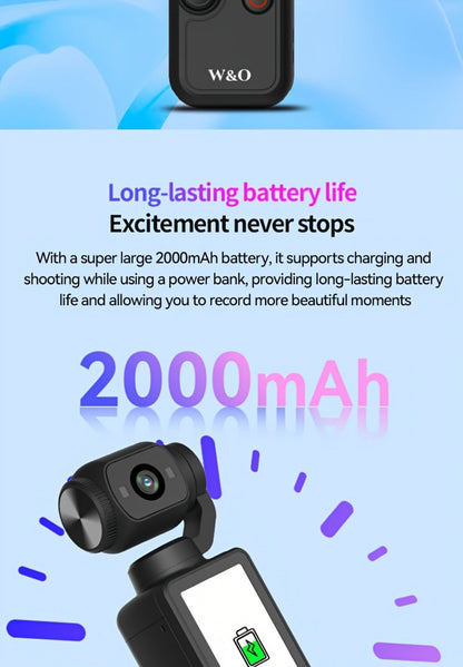 W&O 4K-Labeled Pocket Action Camera with 180-Degree Rotating Lens, 1.9-Inch Screen and 2000mAh Battery Marking
