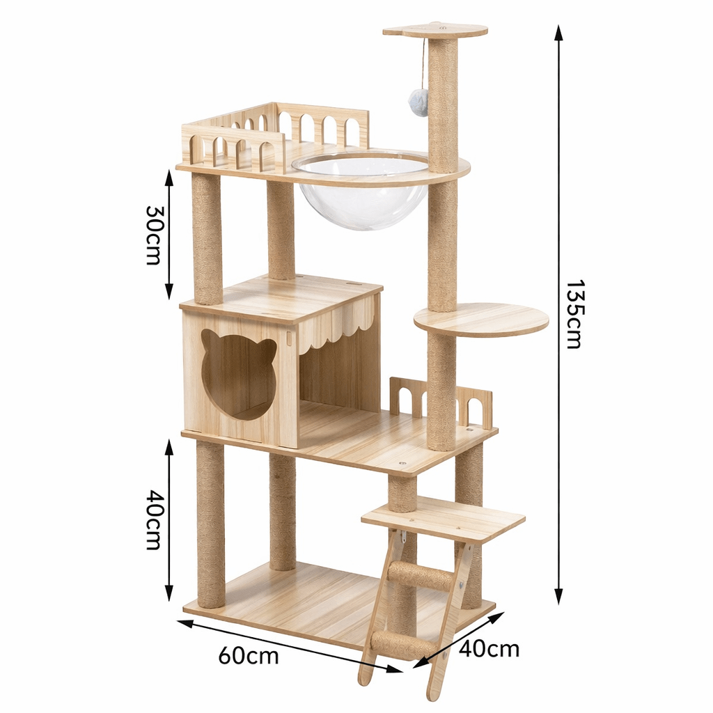 54-Inch Wood-Look Cat Tree with Clear Space Capsule, Enclosed House, Platforms and Step Ladder